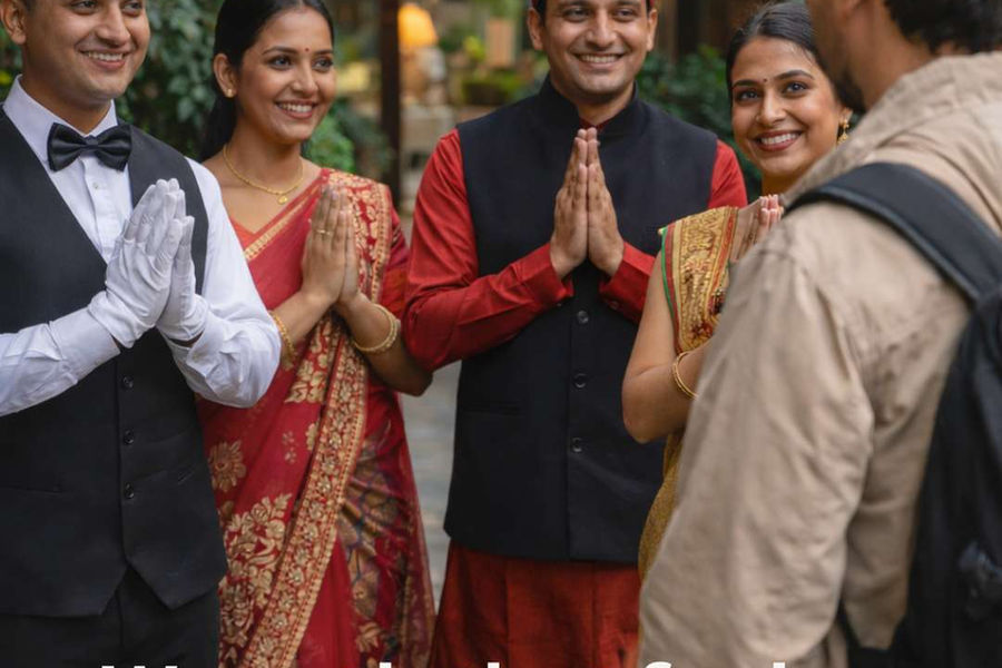 Akasa Dalhousie hospitality team welcoming guests with warm namaste greeting — heartfelt service in Dalhousie HP